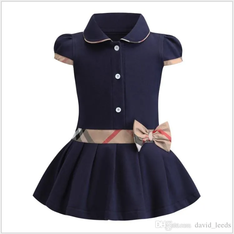 Retail baby meisjes prinses jurk kinderen revers college stijl strik korte mouw geplooid polo shirt rok kinderen zomer casual jurken