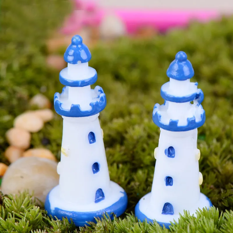 mini resin blue-bordered white Lighthouse 2pcs fairy garden mini moss terrarium decor crafts bonsai home decor