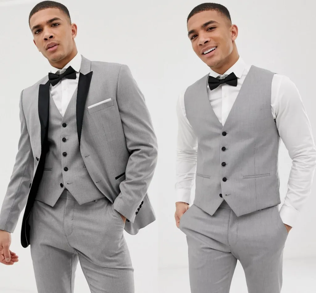 Premium Grey Mens Suits with Black Lapel Slim Fit Wedding Prom