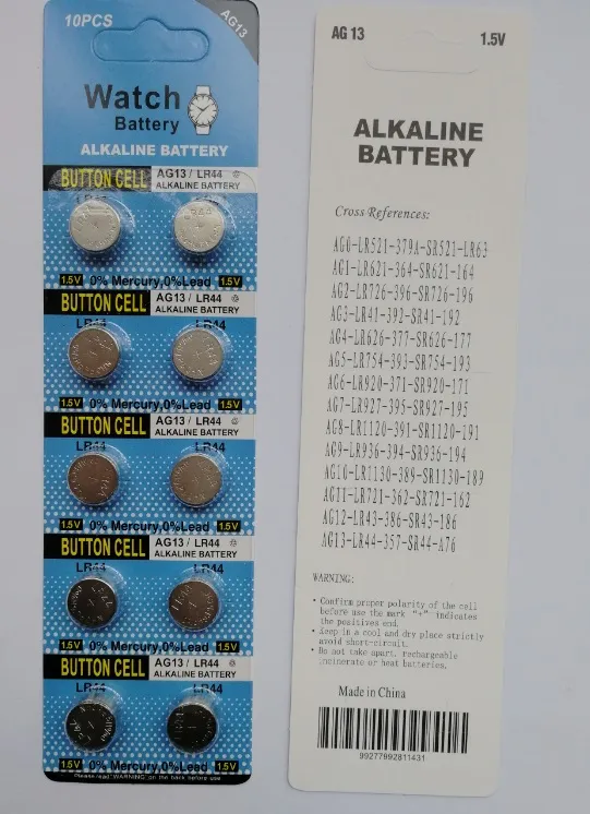 1000 paquetes AG13 LR44 A76 Batería 1.5V Celdas de botón alcalino, 10 piezas por paquete de tarjeta de ampolla 0%HG PB AG13