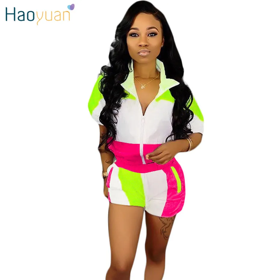 Haoyuan Plus Size Set due pezzi Abiti estivi per donna Set coordinati Top neon e pantaloncini da motociclista Tuta sportiva Tuta casual MX190809