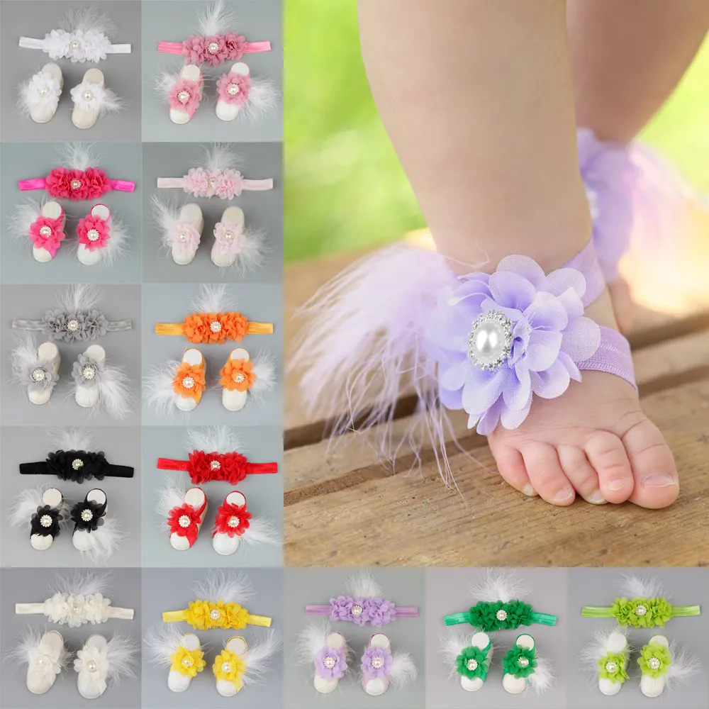 15421 Baby Sandals Feather Flower Shoes Cover Barefoot Foot Flower Ties Infant Girl Kids First Walker Shoes Headband Set Photography Props