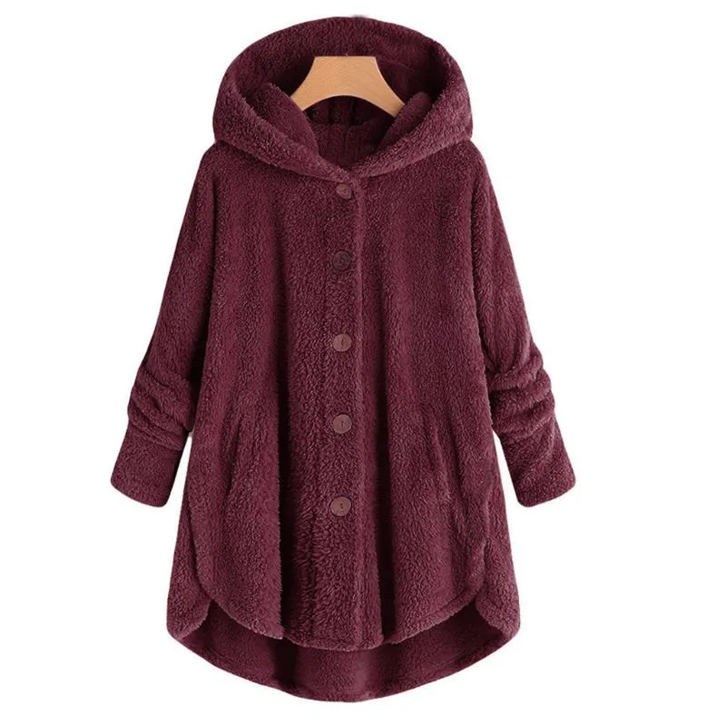 Female Jacket Plush Coat Fashion Warm Women Button Coat Fluffy Tail Tops Women's Hooded Jackets Pullover Loose Sweater#J30