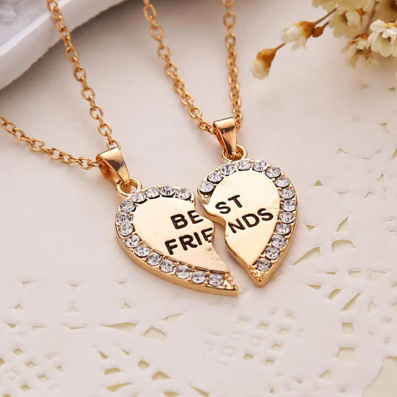 Kids Jewelry bff 2 Necklace Best Friends Rhinestone Heart Pendant Necklace Friendship Jewelry Gifts For Friends 2PCS/Set