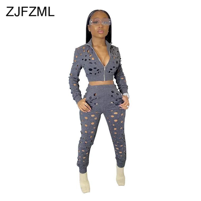 Sexy Hollow Out Hole Two Piece Set Women Long Sleeve Zipper Front Crop Top and High Waist Transparent Pencil Pants Club Outfit