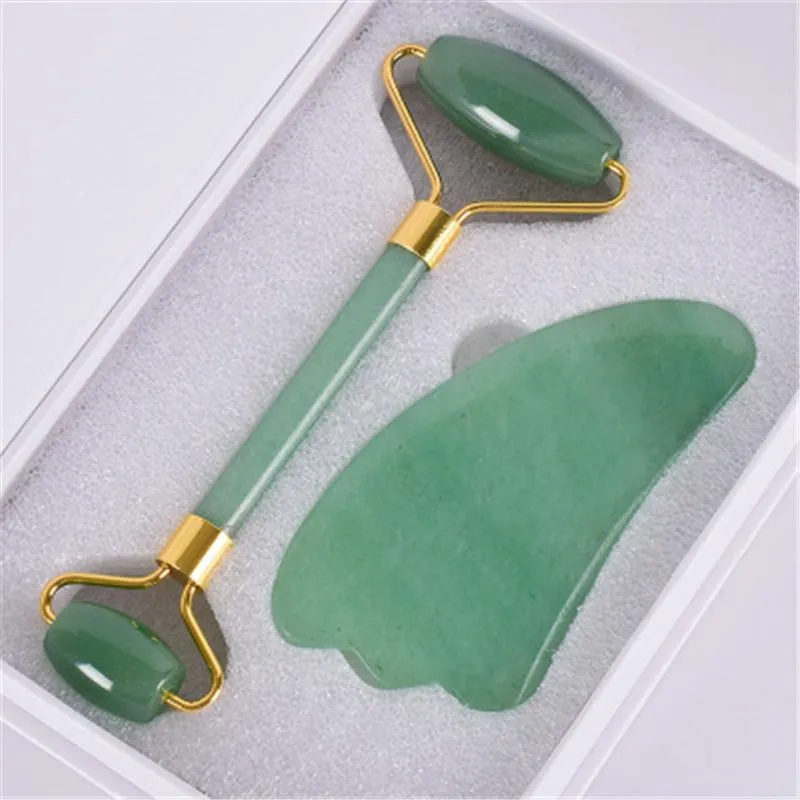 Natural Pink Crystal Jade Roller Double Head Rose Kwarc Masaż Roller Real Stone Facial Massager Guasha Tool zestaw z pudełkiem K1009-1