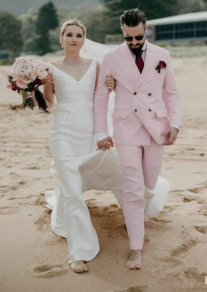 Pink Men Wedding Tuxedos Double-Breasted Groom Tuxedos Excellent Men Blazer 2 Piece Suit Prom/Dinner Jacket(Jacket+Pants+Tie) 2533