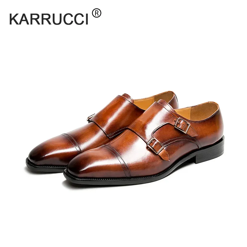 Karrucci Mens Dupla Monk Strap Deslize no Loafer Cap de Tee Couro Oxford Formal Negócio Casual Confortável vestido sapatos para homens