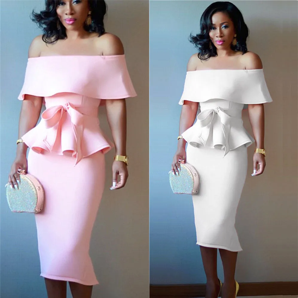 Fashion Women Dress Sexy Dress Two Piece Dress Vintage Summer White Pink Strapless Shoulder Off Lotus Summer Evening Party Wear Y190514