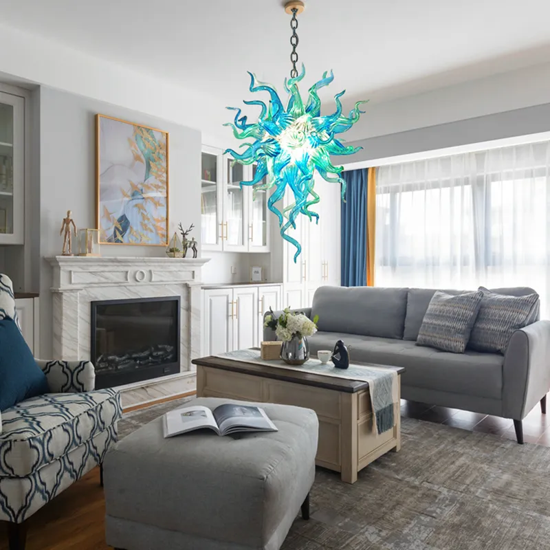 100% handblåst fixtur villa lobby deco murano ljuskrona moderna aqua blå glas taklampor hängande ljus