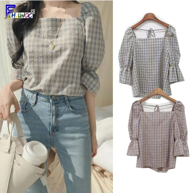 Cute Sweet Tops Women Hot Sales Korean Japan Style Clothes Design Short Top Preppy Girls Blue Red Plaid Shirts Blouses Vintage