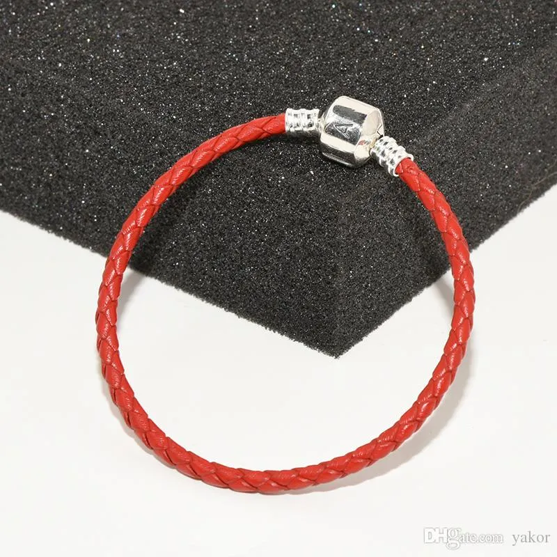 100% Real Couro Vermelho Conjunto de Pulseira Corrente de Mão Caixa Original para Pandora 925 Pulseiras de Prata Esterlina para Mulheres Meninas294N