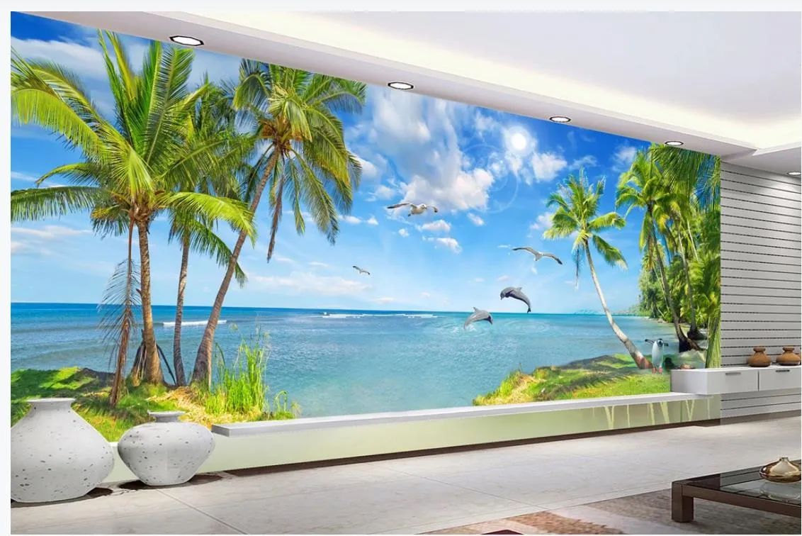 Schöne Meerblick Landschaft Schöne Malerei Delphin Bay Mediterranean Kokosnuss Baum Wohnzimmer Hintergrund Wand
