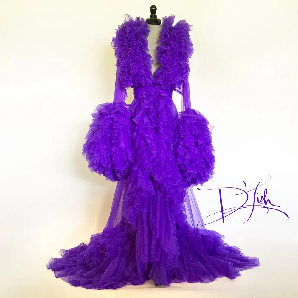 Imperial Grape Ruffled нейлон шифон халат Гофрированных юбки воротник с длинными рукавами Женщины Nightgowns Sexy Одеяние