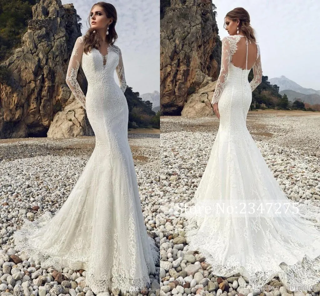 Barato moderno encaje manga larga sirena vestidos de novia vacaciones verano vestido bohemian vestido de novia vestido de novia Robes de Mariée Sirène Boho