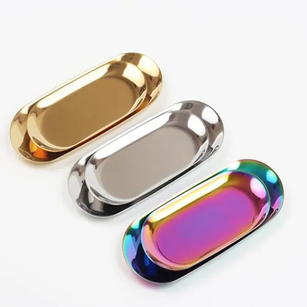 Chic Metal Fack Guldbricka Storage Rostfritt Stål PVD Plated Handduk Oval Bricka Populär produktdekoration