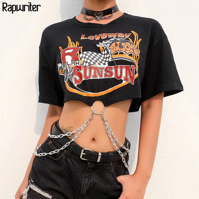 Rapwriter Casual Letter Print Chain Patchwork Loose Crop Top Women 2019 High Street Summer O-Neck Half Sleeve Short T-Shirt