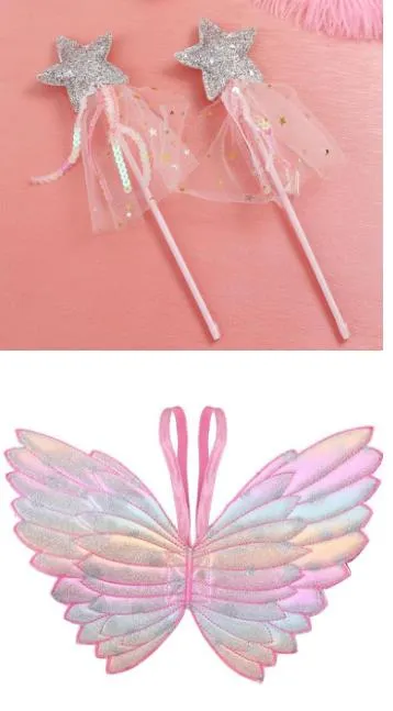 Party Favor kids wings glitter star magic wands fancy dress cosplay fairy gradient color butterfly wing tassel sequins wand pink girls gift