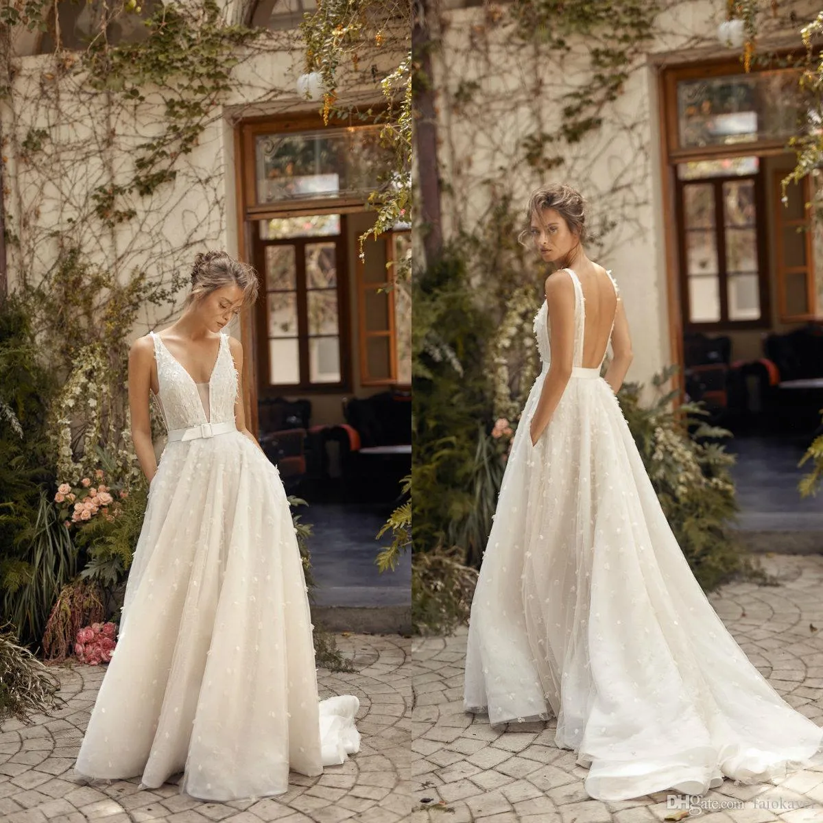 Abiti da sposa Lihi Hod 2020 Una linea Sweep Train Profondo scollo a V Abito da sposa da spiaggia Custom Made Plus Size Abiti da sposa senza schienale della Boemia