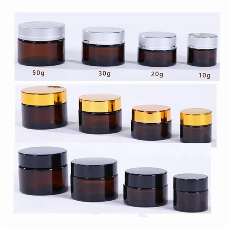 5g 10 g 15 g 20g 30 g 50g Amber Brown Glass Cream Jar Refilleerbare fles Cosmetische make -upopslagcontainer met gouden zilveren zwarte deksels