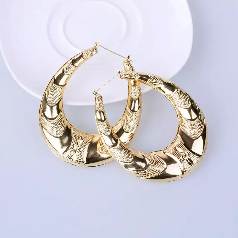 Vente en gros - Boucles d'oreilles créoles en bambou grand cercle en métal doré pour femmes bijoux mode hip hop exagérer
