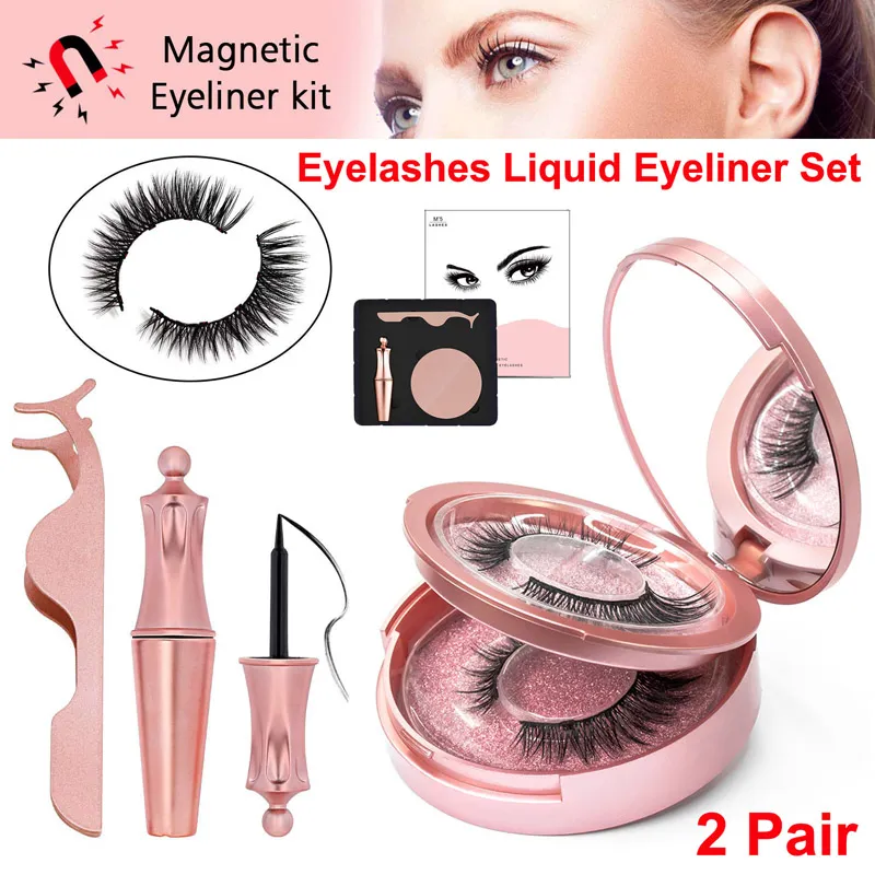 Magnetiska ögonfransar med magnetisk flytande eyeliner 5 magneter Ögonfransmakeup Set 2 Par återanvändbara Falska ögonfransar Make up Spegel + Tweezer Inget limbehov