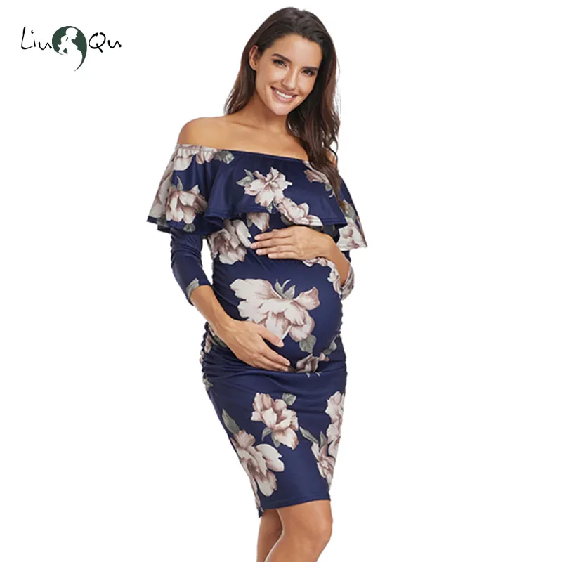 Wzburzyć Off Ramię Dresses Maternity Ciężary Kobiety Sukienka Ruffles Ciąża Ubrania Ruched Boks Długość Kolana Bodycon Sukienki