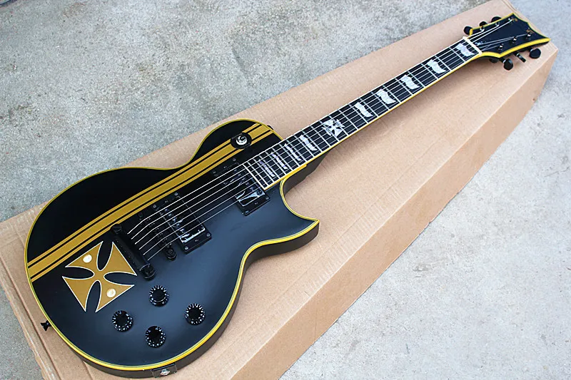 Elegant IRON CROSS SW Old Electric Guitar Yellow Striped Cross,Black Body and Black Hardwares,Special Frets Inlay,can be customized