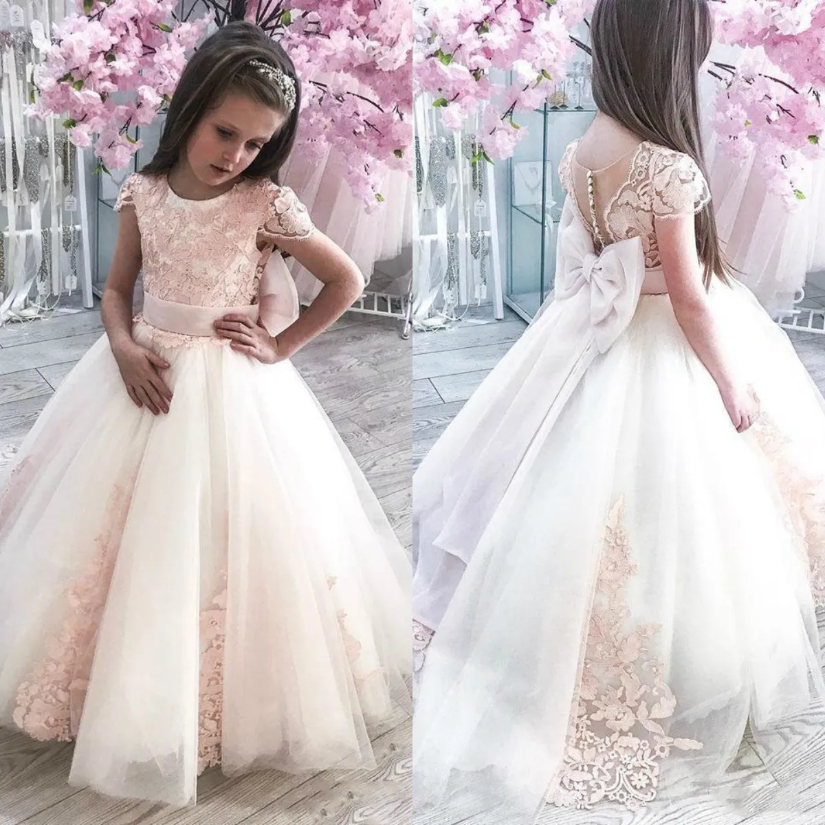 Robe Élégante Dentelle Tulle Bouffante Sans Manches – Première Communion, Anniversaire, Bal 8-12 Ans
