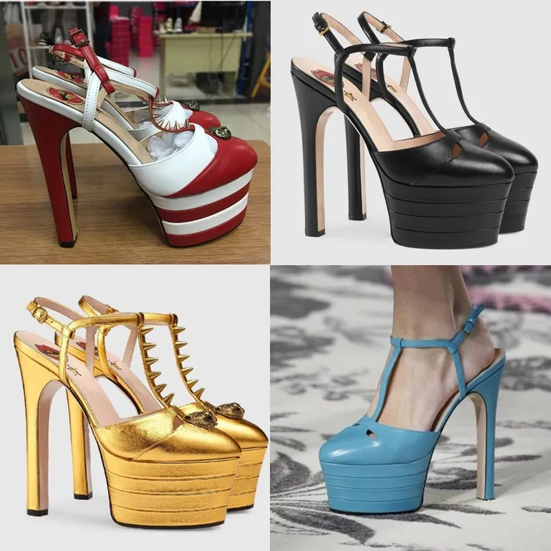 Vente chaude-Métallique Clouté Serpent En Cuir Plate-Forme Pompes Femmes Sexy T-sangle Gladiateur Sandales Designer Rivets Talons Hauts Robe De Mariage Chaussures