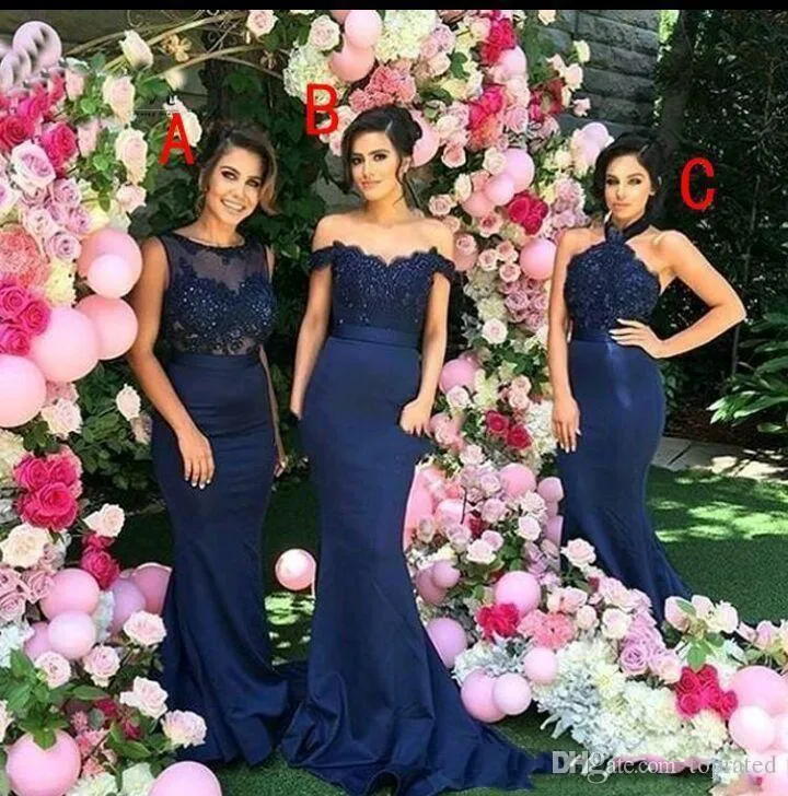 Custom-Made Dark Blue Mermaid Navy Lace Bridesmaid Dresses with Off-Shoulder Illusion Sleeveless Design, Beaded Collar, and Satin Fabric