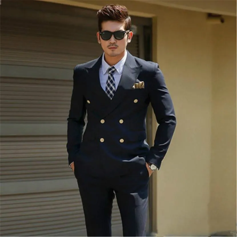 Custom Made Mens Prom Tuxedo Suits Black Double Breasted Blazer 2 Pieces Slim Fit Peak Lapel Formal Business Coat Pant Suits218U