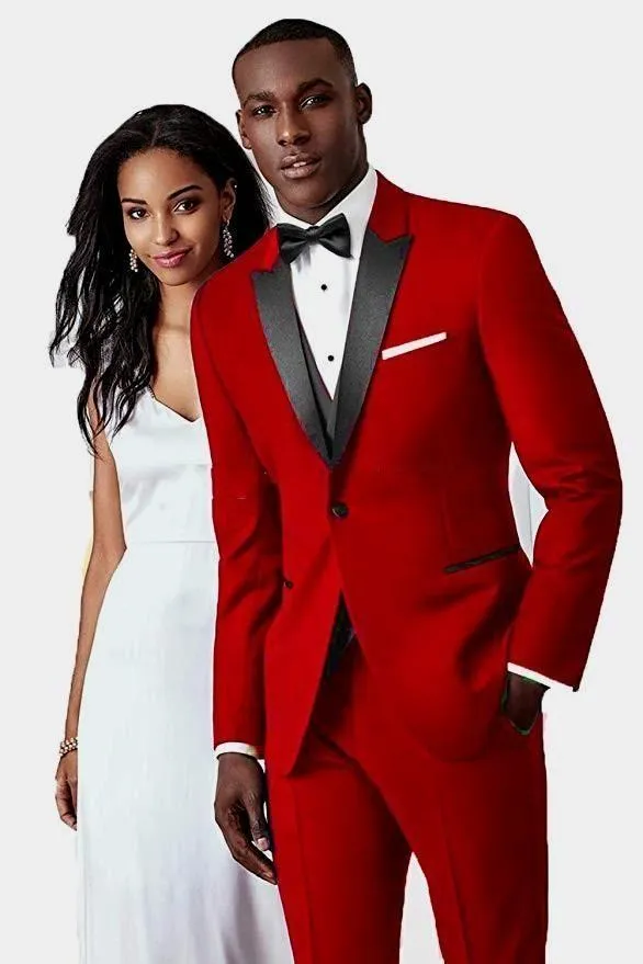 Smoking da sposo rosso caldo Groomsmen con risvolto a punta nera Abito da sposa da uomo Giacca da uomo eccellente Giacca da 3 pezzi (giacca + pantaloni + gilet + cravatta) 130