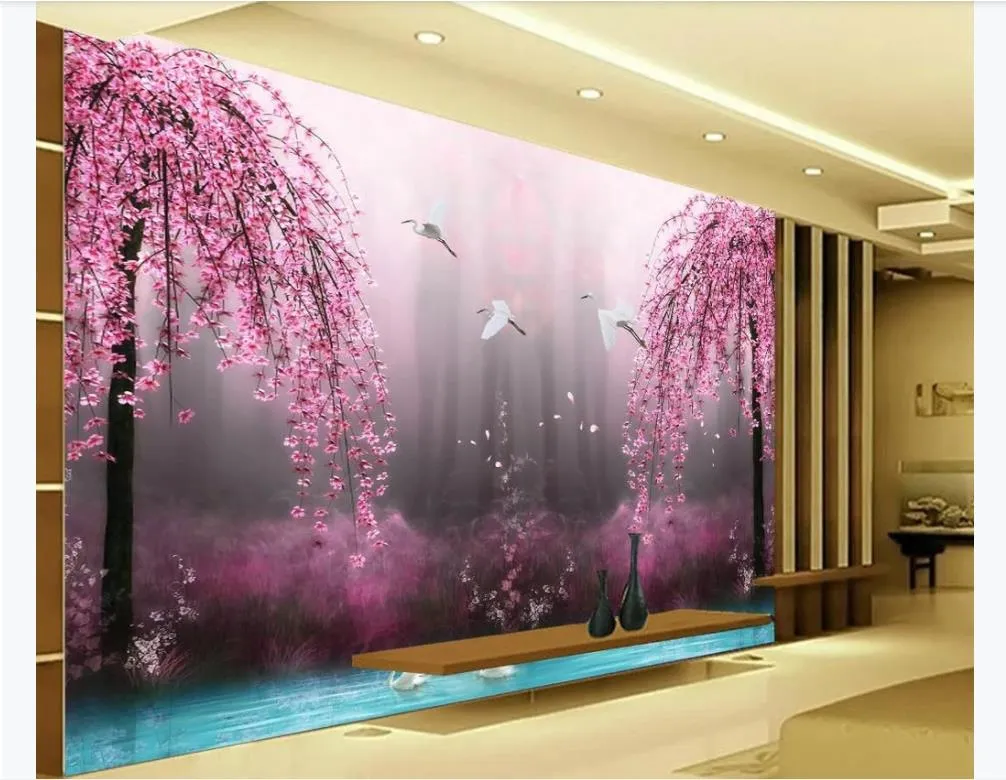 Customized 3d silk photo murals wallpaper HD Dream Wonderland Peach Blossom Crane 3D TV Background Wall Painting