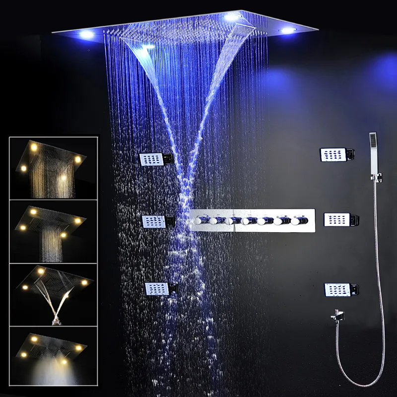 럭셔리 온도 조절 식 샤워 세트 욕실 대형 LED 천장 샤워 수도꼭지 스테인레스 스틸 안개 비 샤워 헤드 마사지 바디 스프레이