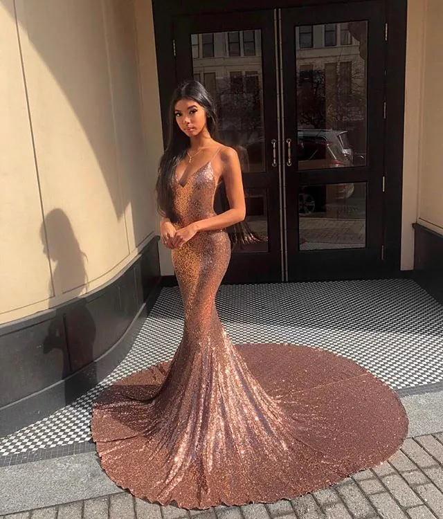 rose gold prom dress with train Rose Gold Mermaid Prom Dress Long Spaghetti Straps Sequined Backless Sweep  Train Formal Evening Gown from Dhgate Prom Dresses