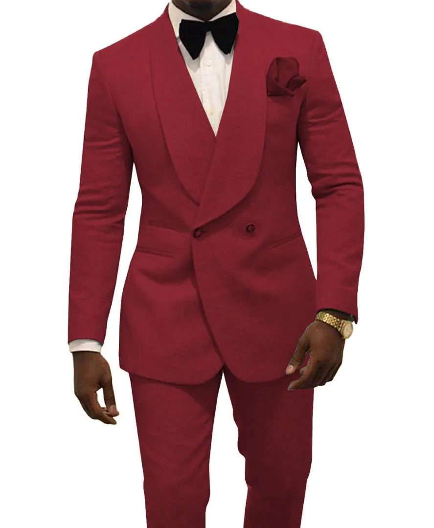 Najnowszy podwójny Burgundia Paisley Groom Tuxedos Szal Kapel Mężczyźni Garnitury 2 Sztuki Wedding / Prom / Dinner Blazer (Kurtka + Spodnie + Krawat) W755