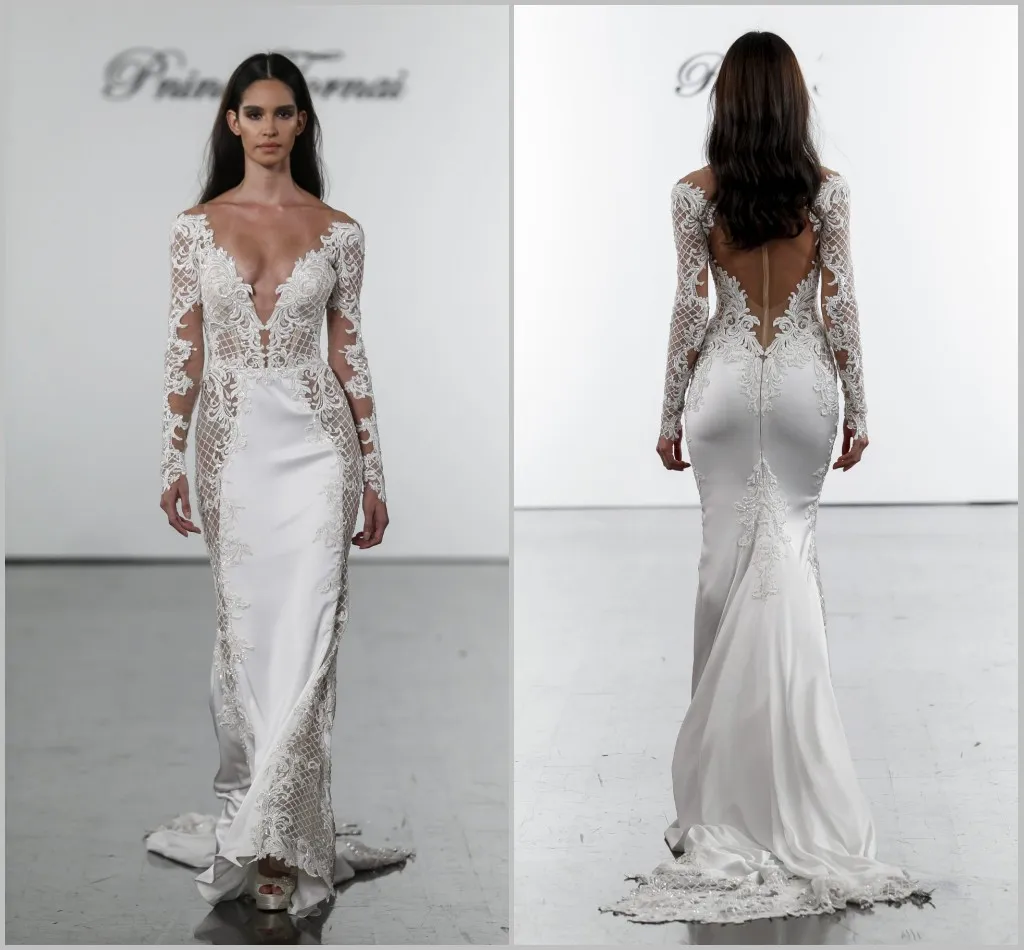 2019 Pnina Tornai Mermaid Wedding Dresses V Neck Lace Bridal Gowns plus size Long Sleeves Wedding Dress Custom