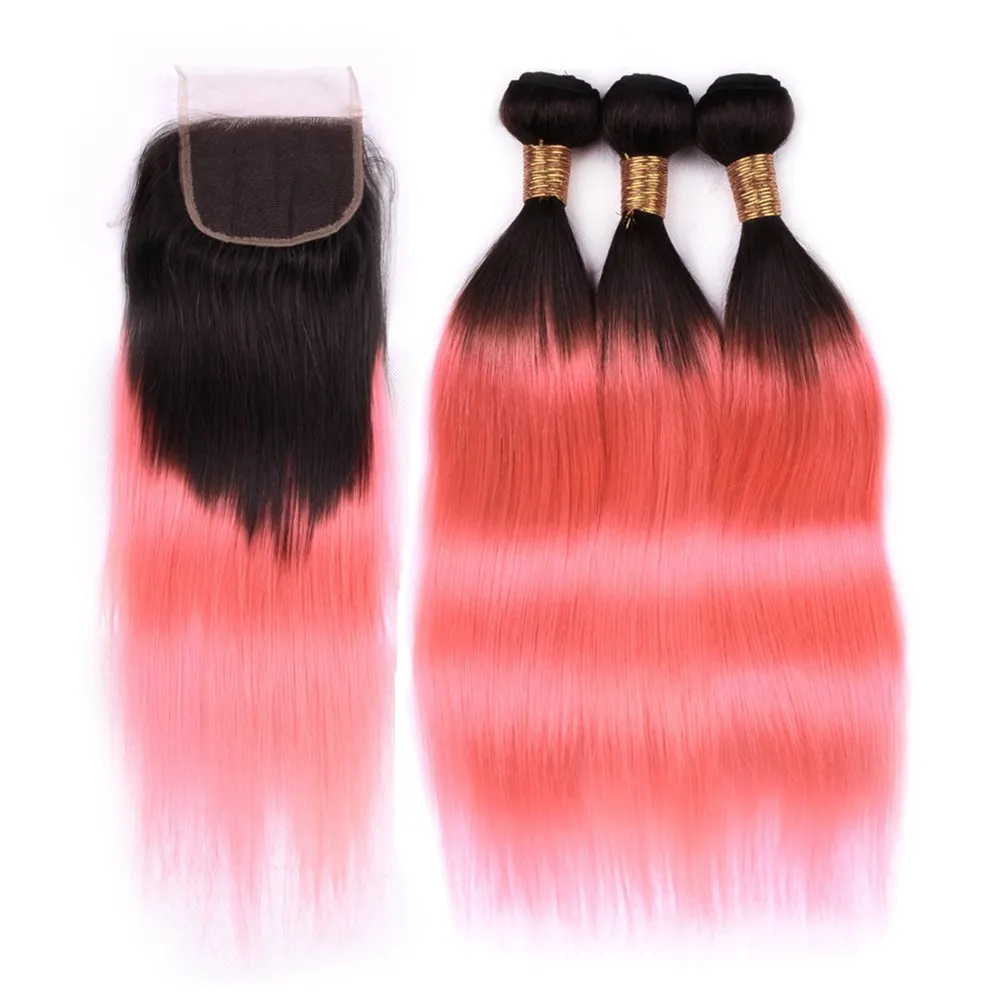 # 1b / rosa ombre brasilianska mänskliga hårbuntar med stängning raka ombre rose guld vävar 3bundles mörka rötter med 4x4 spets framslutning