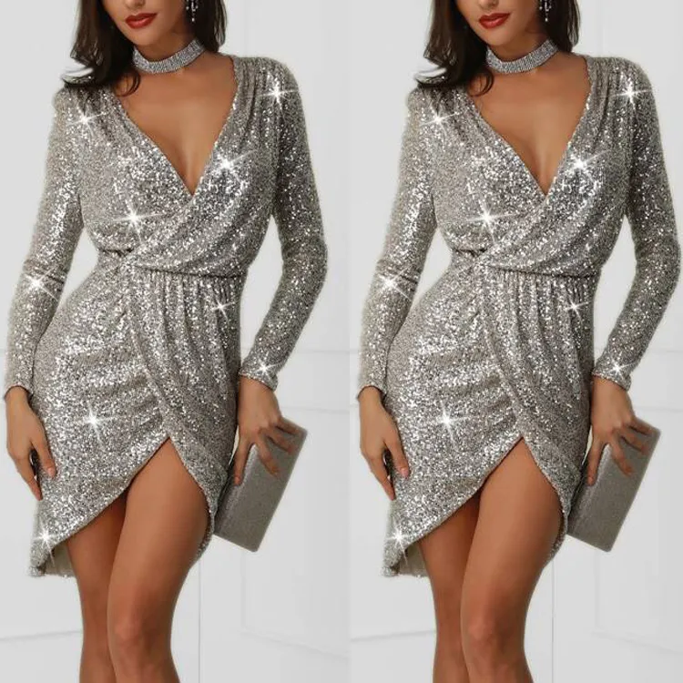 Abiti con paillettes da donna che illuminano il vestito aderente scintillante Abiti da notte sexy con spacco Abito da festa midi a maniche lunghe autunnali per Laides