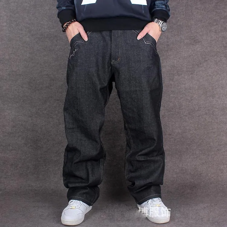 Partihandel-New Fashion Broderi Skateboarder Jeans Mans Baggy Jeans Mens Hip Hop Wide Ben Denim Byxor Män Plus Size 42 44