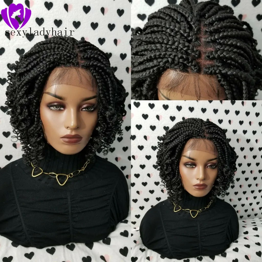 Afrika Amerikanska Kvinnor Braids Style Handgjord Full Box Braid Wig Svart / Brun / Ombre Färg Kort Flätad Lace Front Wig med lockiga ändar