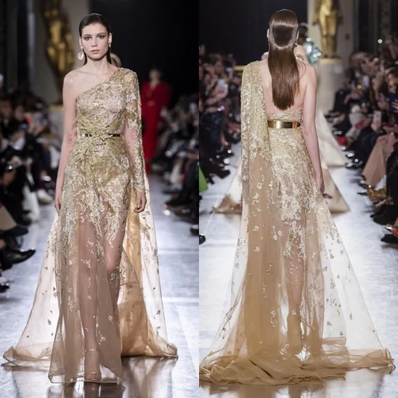 Elie Saab 2019 Aftonklänningar Guld Appliques One Shoulder Långärmad Baklösa Prom Lycklar Formell Special Occasion Dress Abendkleider