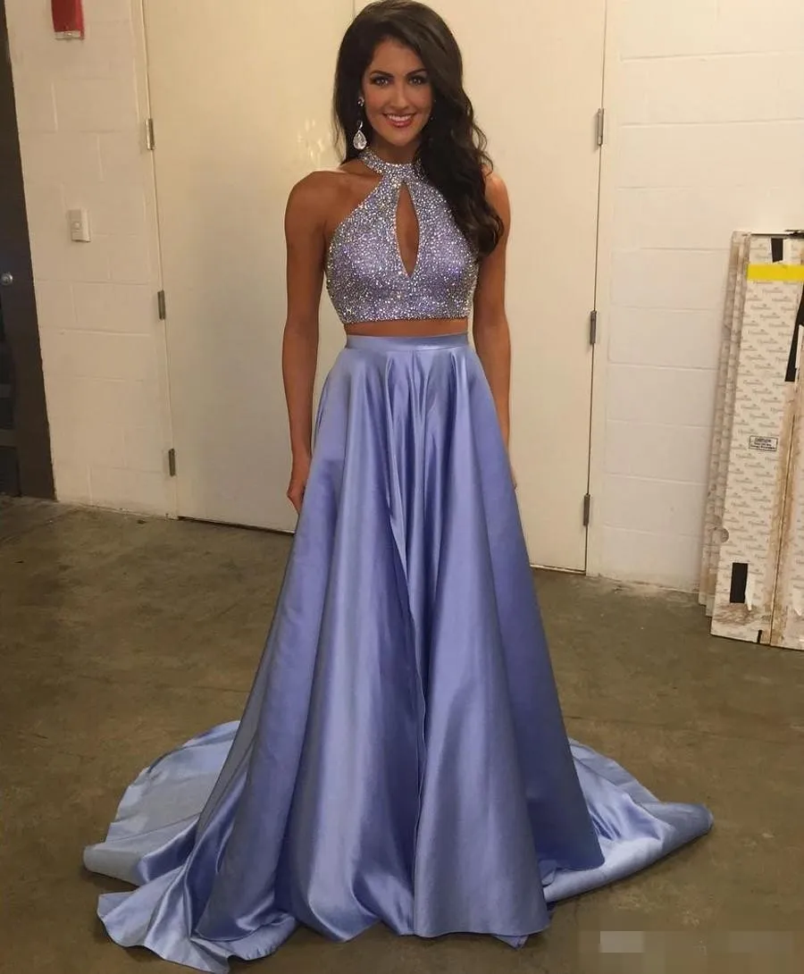 Lavender Beaded Halter Satin Two-Piece high neck prom dress with Sweep Train and Keyhole Neckline - Perfect for Junior S Graduation Party Wear