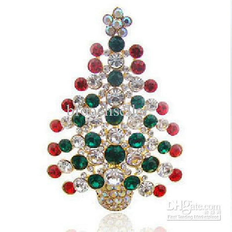 Guldpläterad mångfärgad Rhinestone Crystal Christmas Tree Pin Brosch