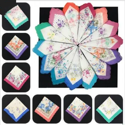 Hankerchief Damen Bedruckte Taschentücher Halbmondrand Baumwolle Einstecktuch Bunte Bedruckung Frauen Taschentücher Hochzeit Party Geschenk ZYQ607