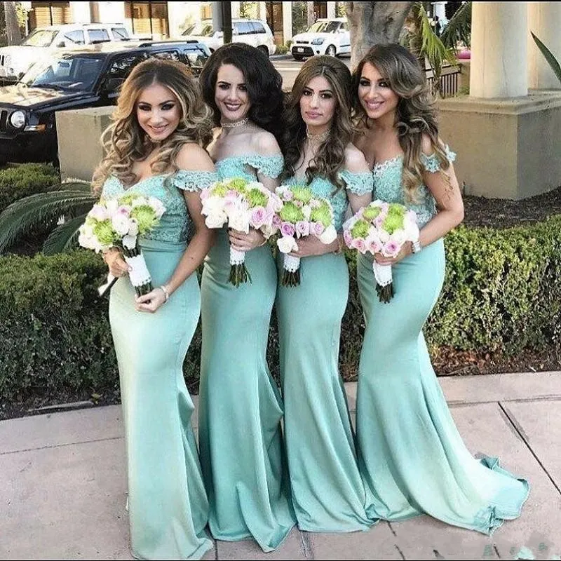 Mint Groene Zeemeermin Bruidsmeisje Jurken Off Shoulder Lace Maid of Honour Gown Floor Lengte Bruiloft Jurk Plus Size