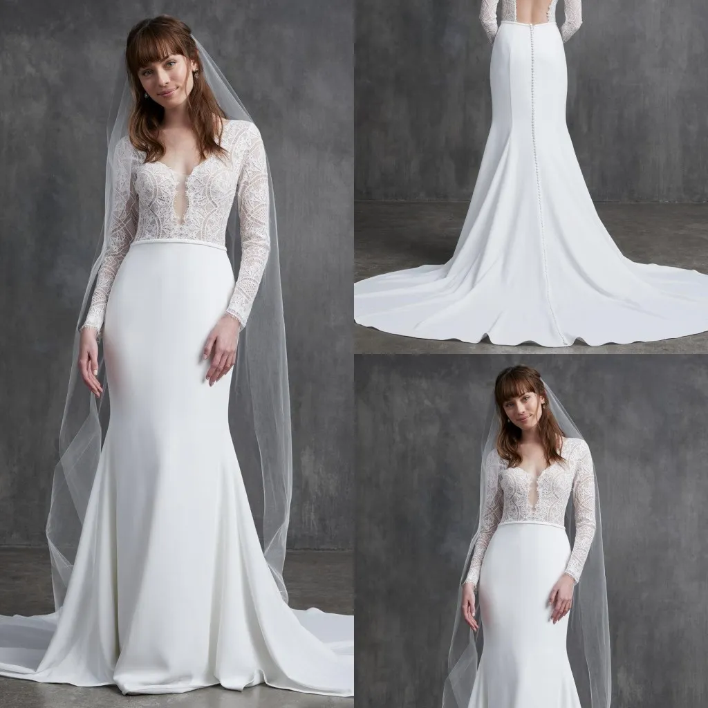 2020 Robes De Mariée Sirène Col En V Appliqued Manches Longues Robe De Mariée Dos Ouvert À Volants Balayage Train Satin Jupe Robes De Mari￩e