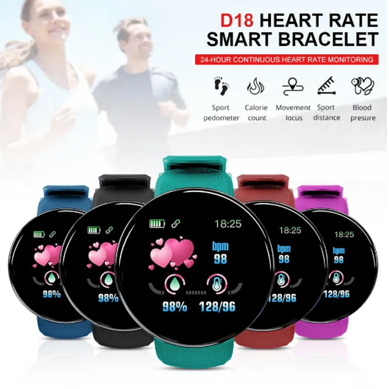 D18 Smart Watch Uomo Donna Pressione sanguigna Rotondo Braccialetto intelligente Impermeabile Sport Smart Watch Fitness Tracker per Android Ios