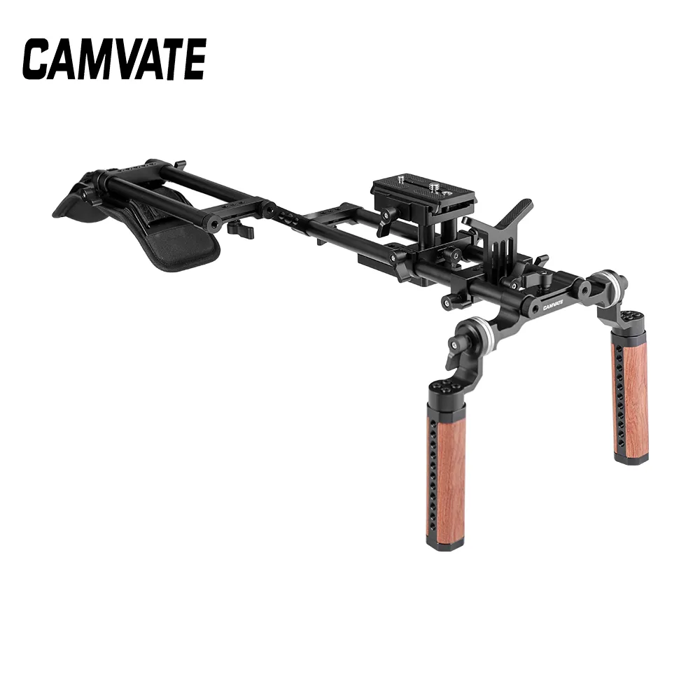 Camvate Pro Mount Ramię Platforma z Manfrotto Basplate Dual Rosette Wood Handgrip Obsługa obiektywu dla kamery DV C2514